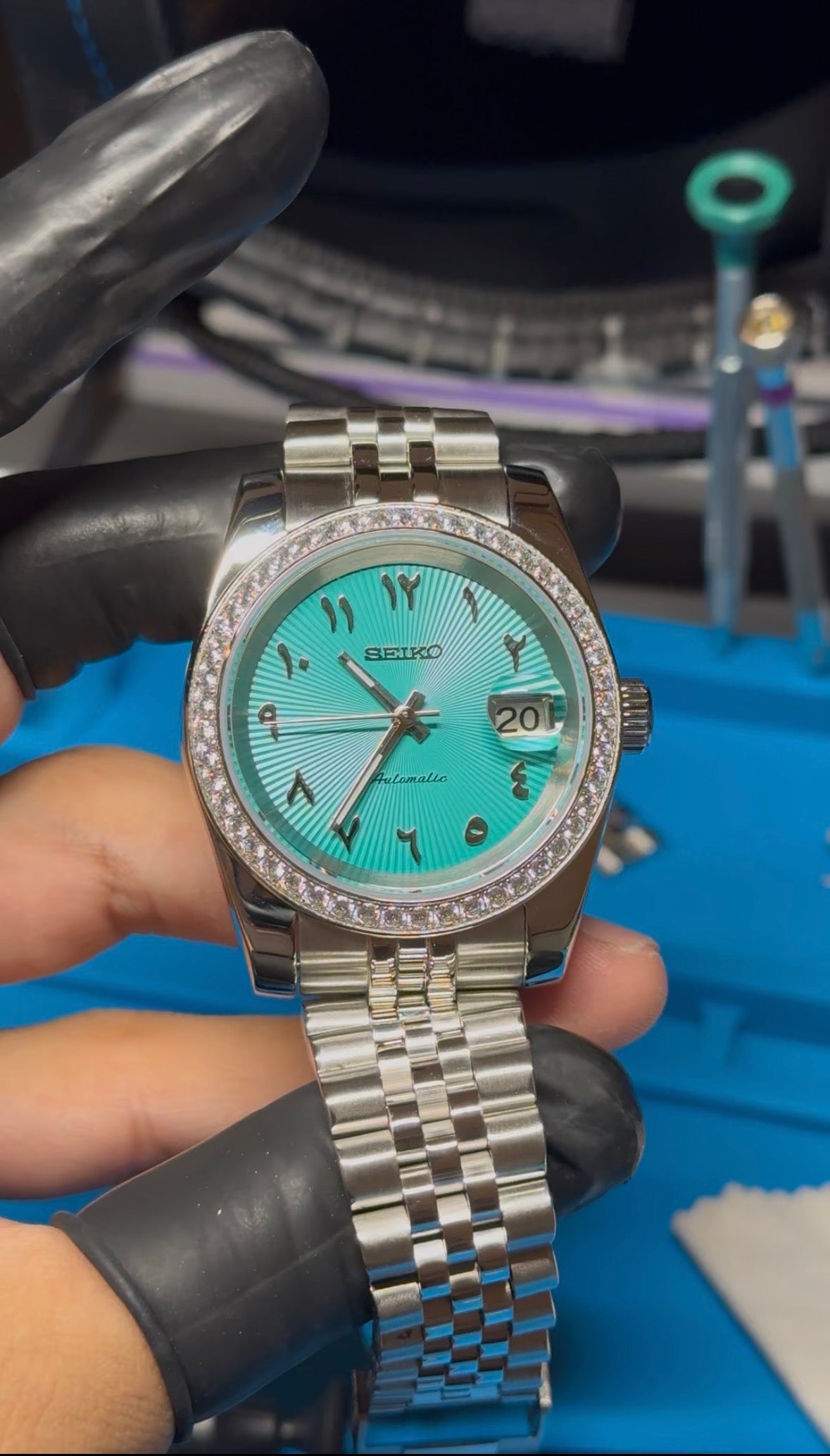 Tiffany Textured Arabic Dial PerpetualDate Diamond Bezel Stainless Steel
