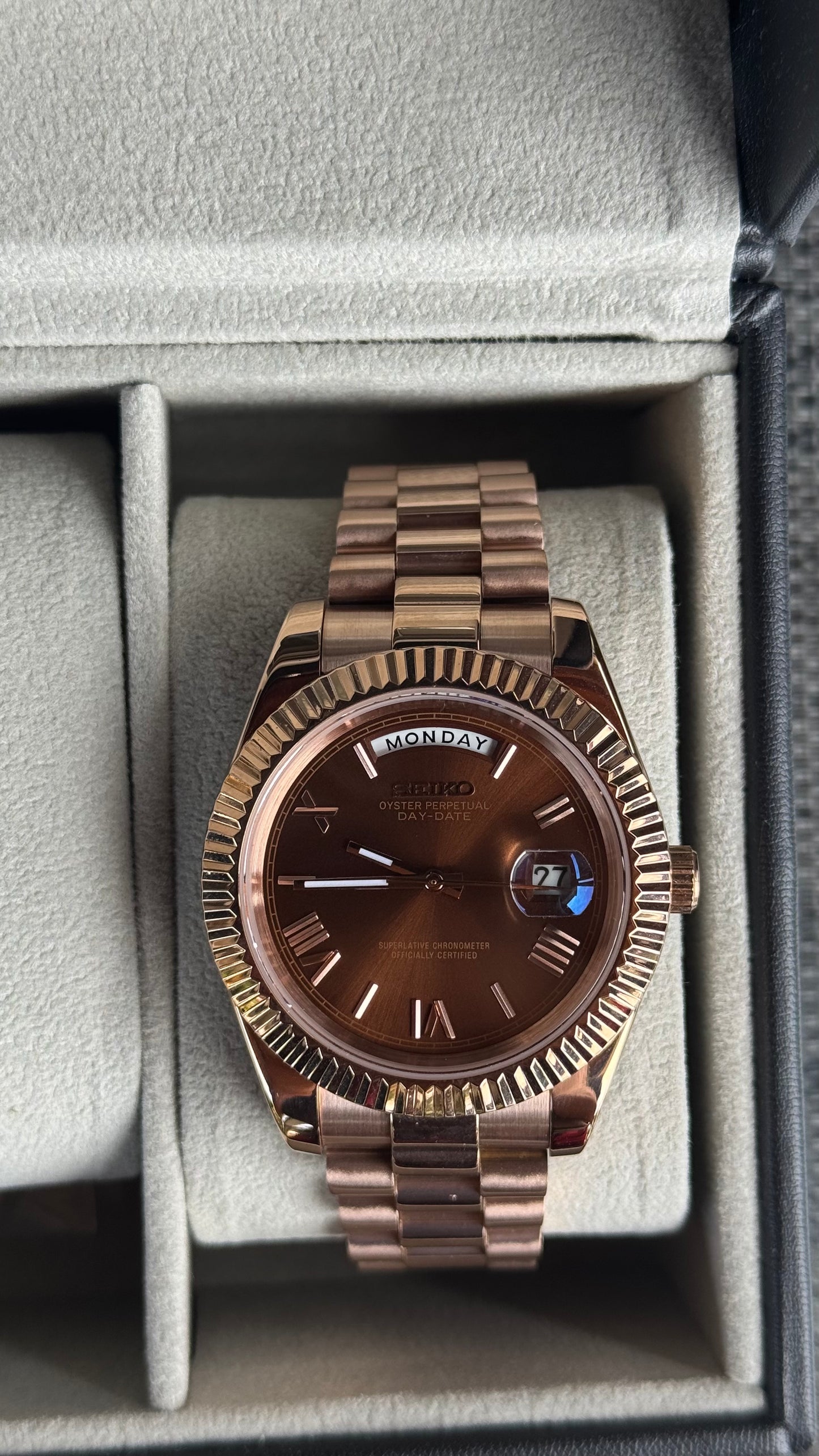 Chocolate Roman Dial PerpetualDay Rose Gold