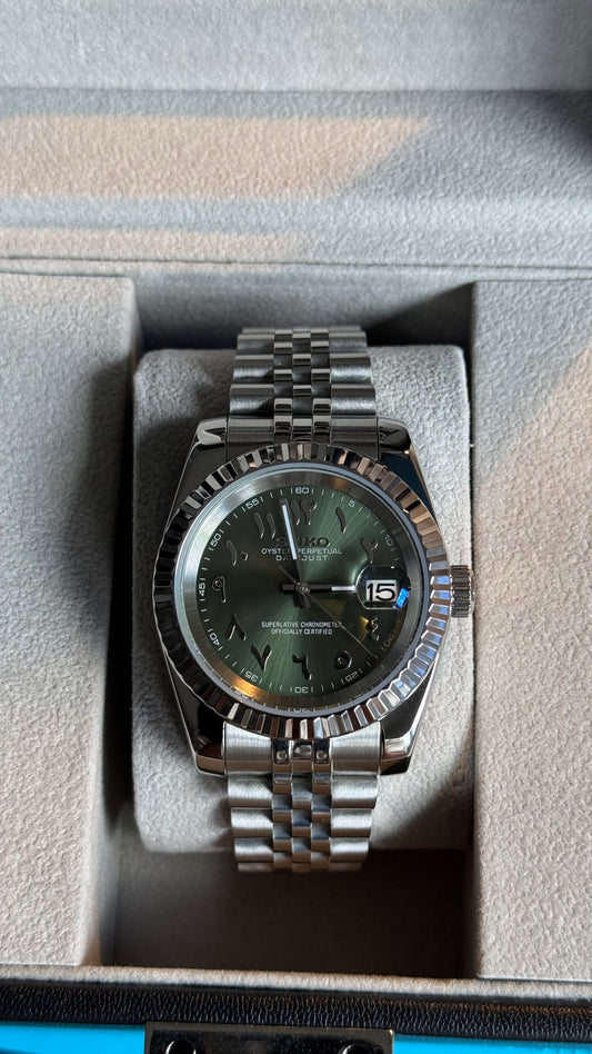 Olive Green Arabic Dial Perpetual SeikoJust Stainless Steel