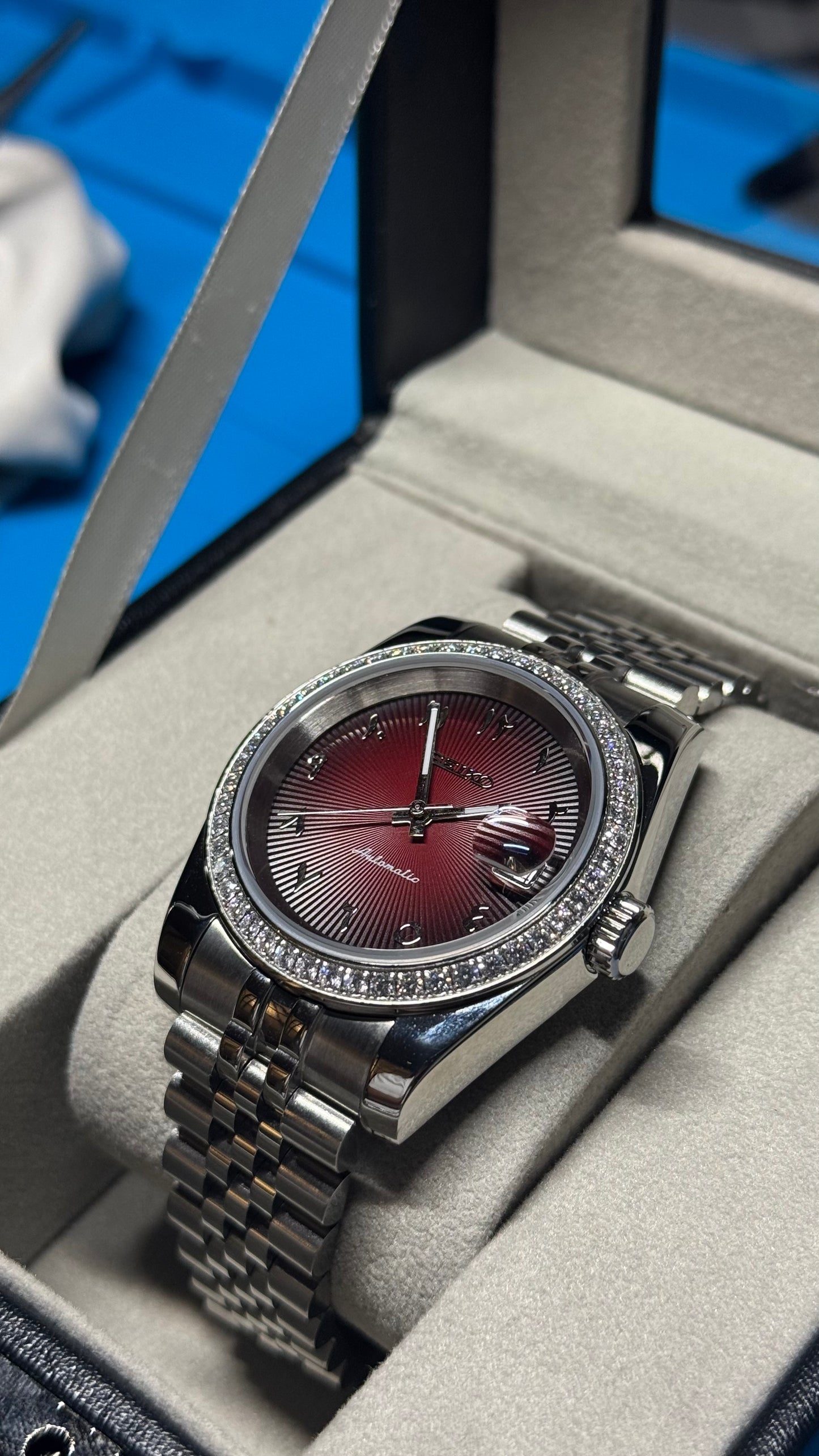 Red Textured Arabic Dial PerpetualDate Diamond Bezel Stainless Steel