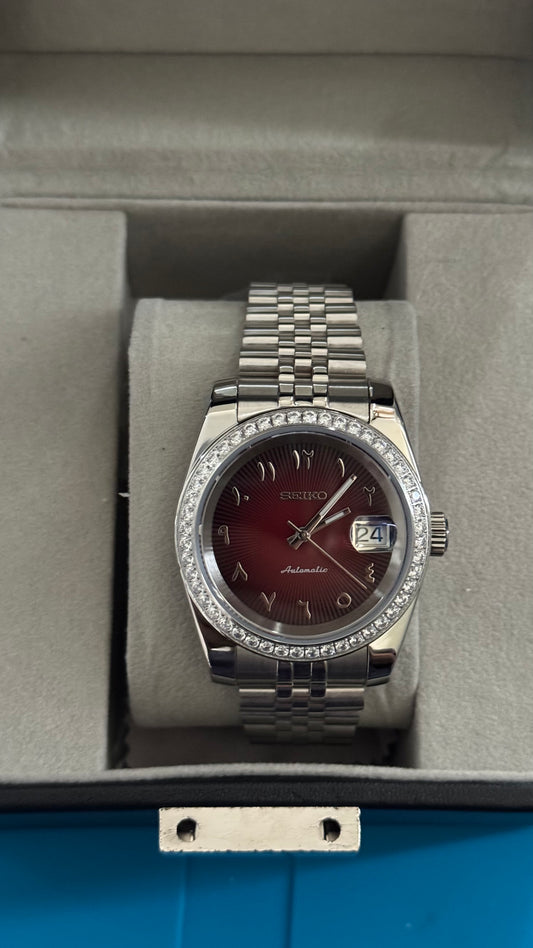 Red Textured Arabic Dial PerpetualDate Diamond Bezel Stainless Steel