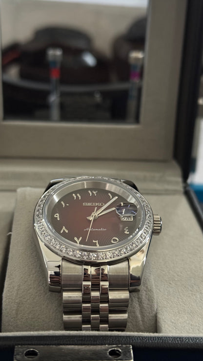 Red Textured Arabic Dial PerpetualDate Diamond Bezel Stainless Steel