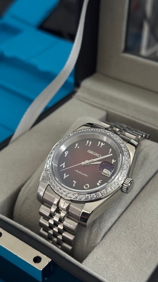 Red Textured Arabic Dial PerpetualDate Diamond Bezel Stainless Steel