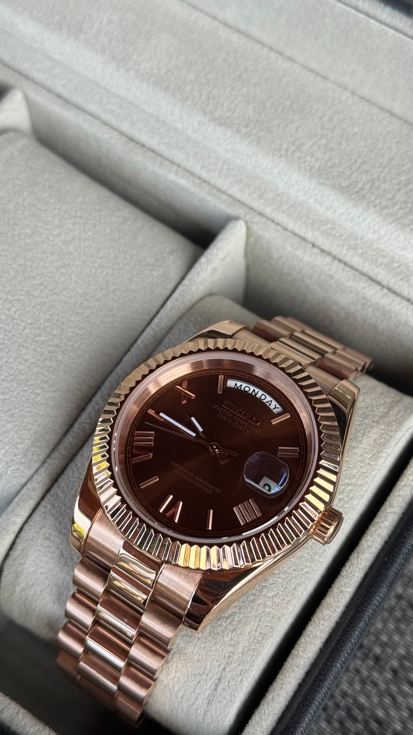 Chocolate Roman Dial PerpetualDay Rose Gold