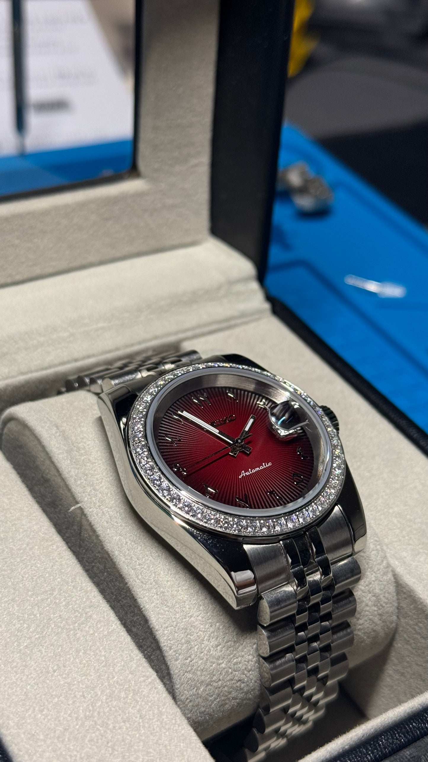Red Textured Arabic Dial PerpetualDate Diamond Bezel Stainless Steel