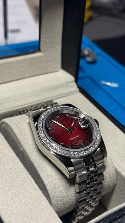 Red Textured Arabic Dial PerpetualDate Diamond Bezel Stainless Steel