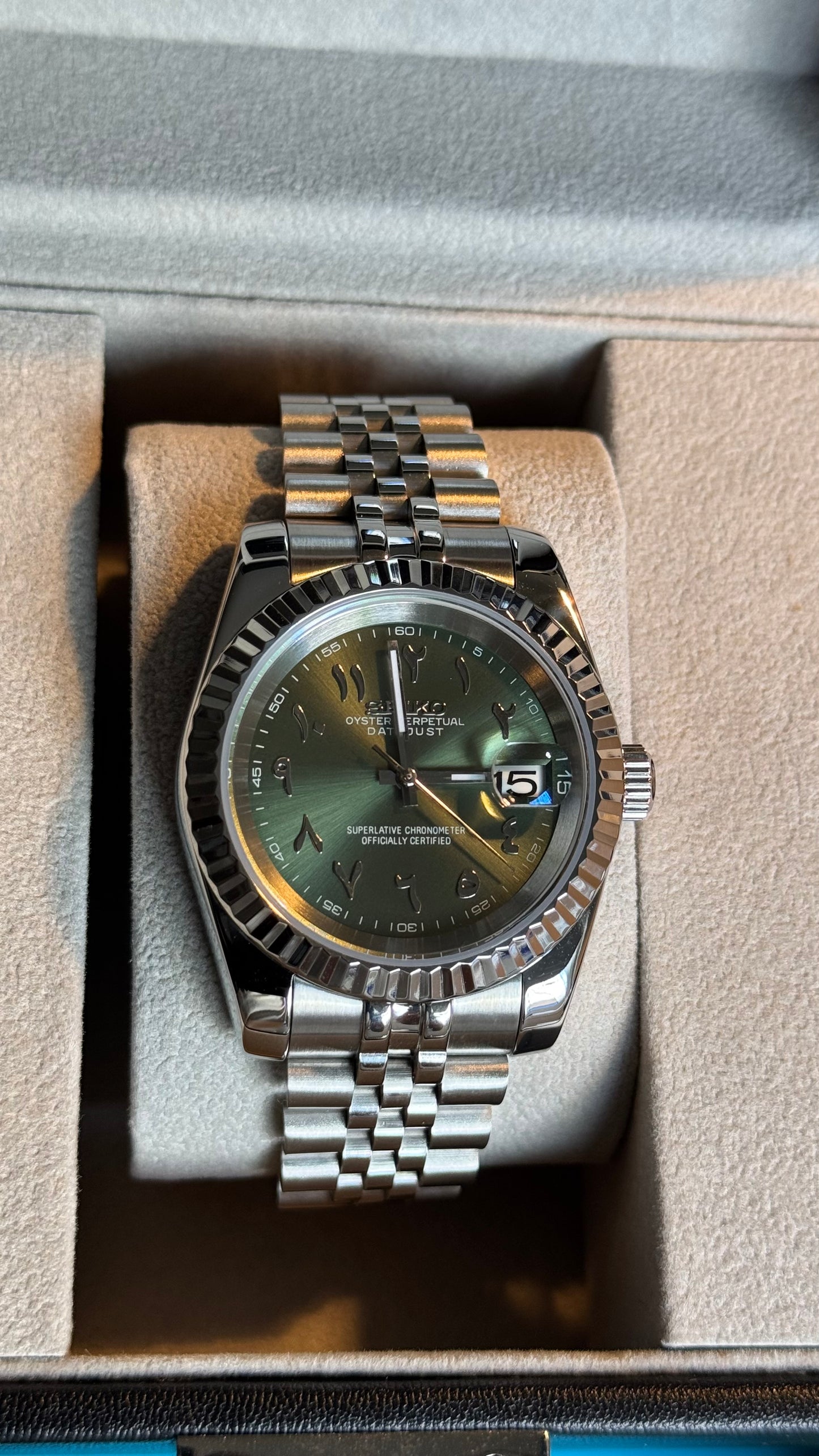 Olive Green Arabic Dial Perpetual SeikoJust Stainless Steel