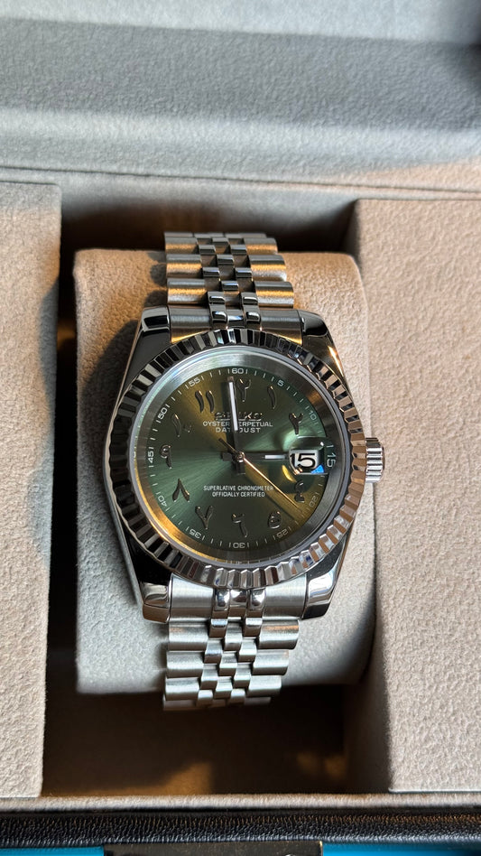 Olive Green Arabic Dial Perpetual SeikoJust Stainless Steel