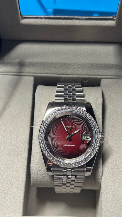 Red Textured Arabic Dial PerpetualDate Diamond Bezel Stainless Steel