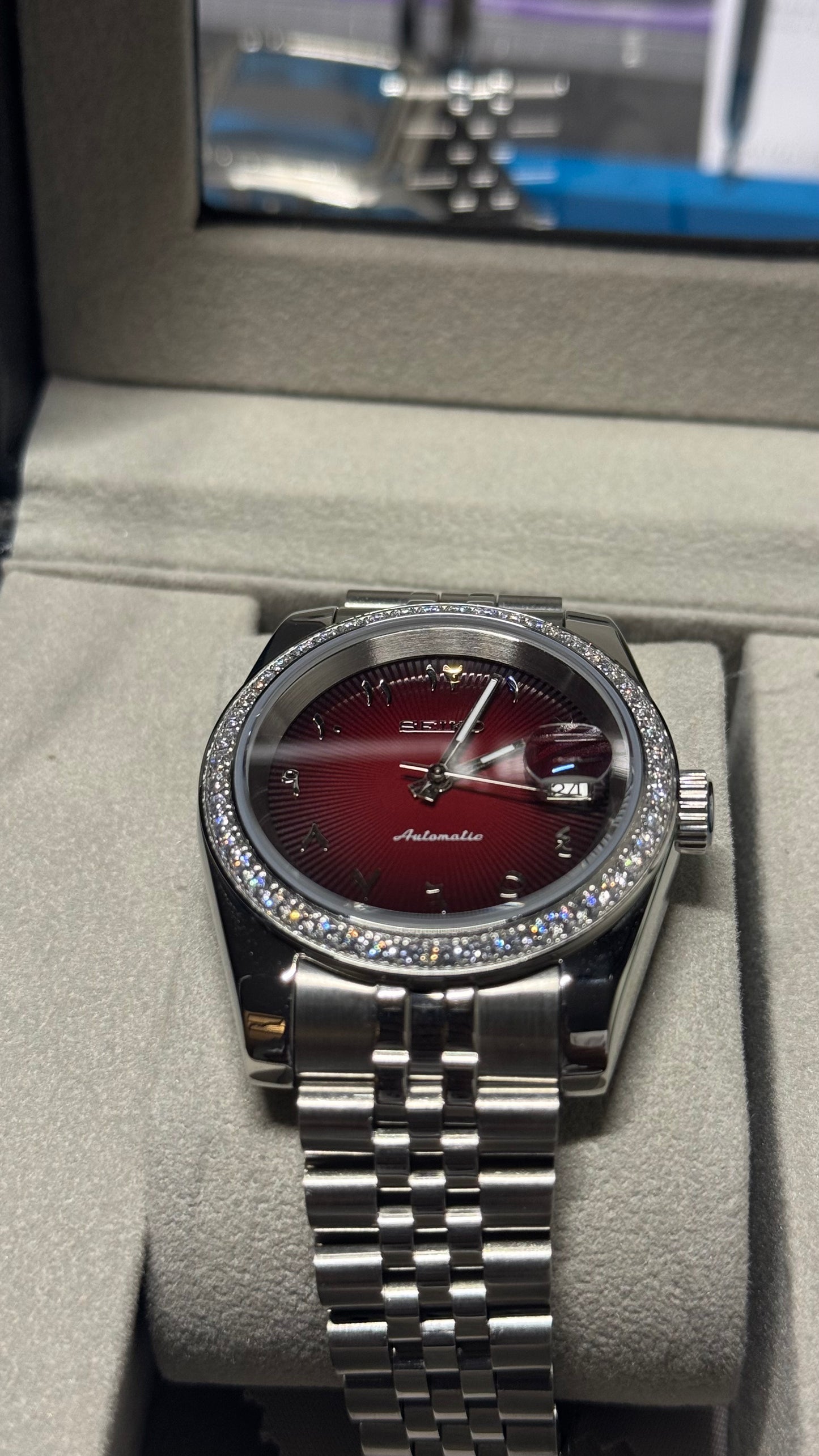 Red Textured Arabic Dial PerpetualDate Diamond Bezel Stainless Steel