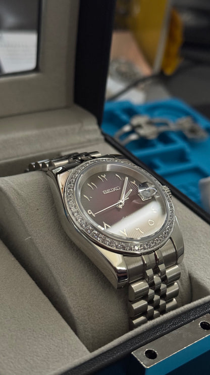 Red Textured Arabic Dial PerpetualDate Diamond Bezel Stainless Steel